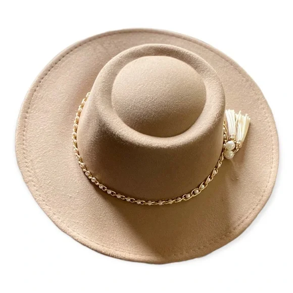 NEW Soft Tan Boater Wide Stiff Brim Round Pork Pie Crown Fedora Hat - Picture 2 of 3